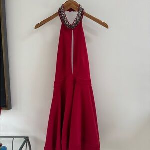 Red Halter Bebe Dress with Embellished Neckline